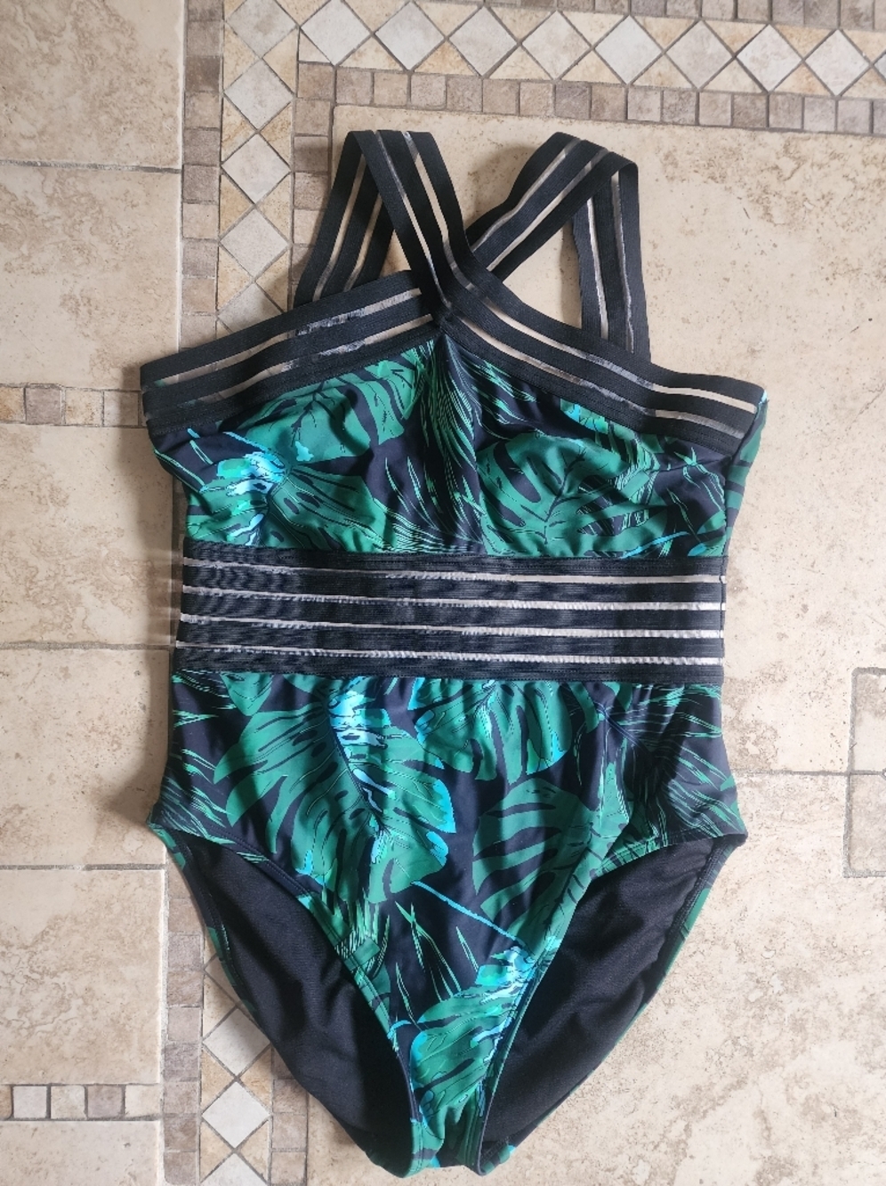 Women's Black and Green Tropical Print One-Piece Bathing Suit